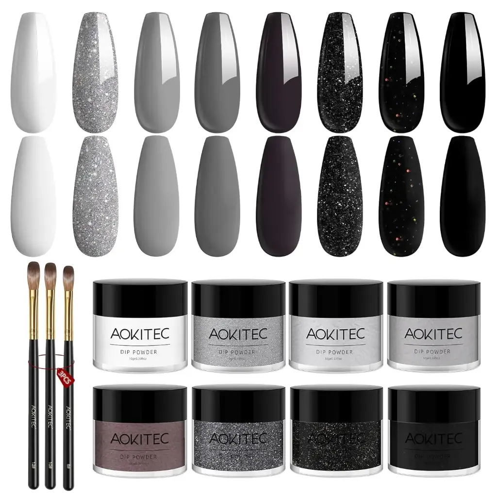 Aokitec 3pcs Acrylic Nail Brush Set With 8 Colors Dip Powder Nail Set,Nail Art Salon Home DIY Ideal Gifts for Women