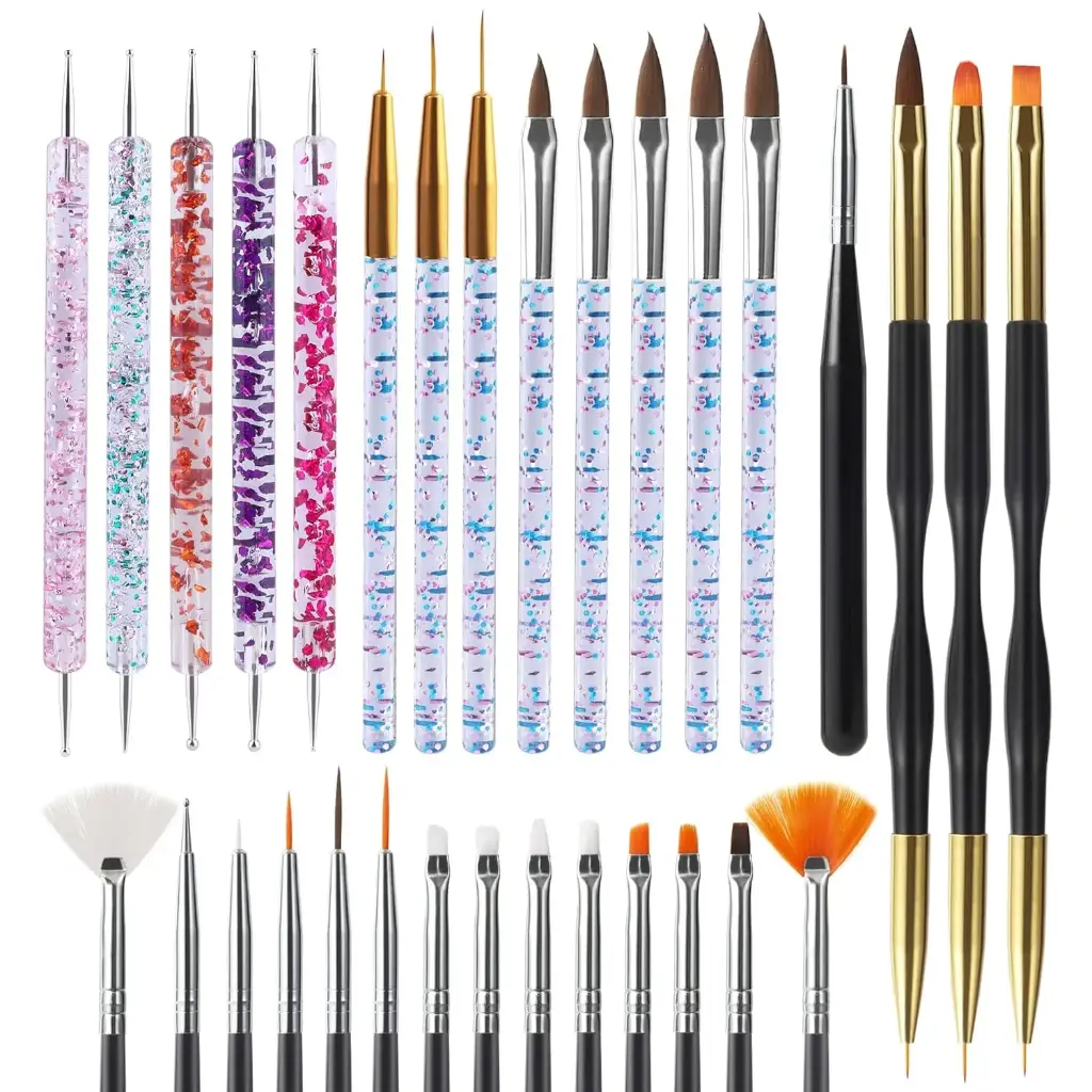 Artdone 31pcs Nail Art Brushes, Nail Art Tool Set, Dotting Tools, Dust Brush,Striping Brushes for Long Lines, Drawing Pen For Gel Polish Design supply.