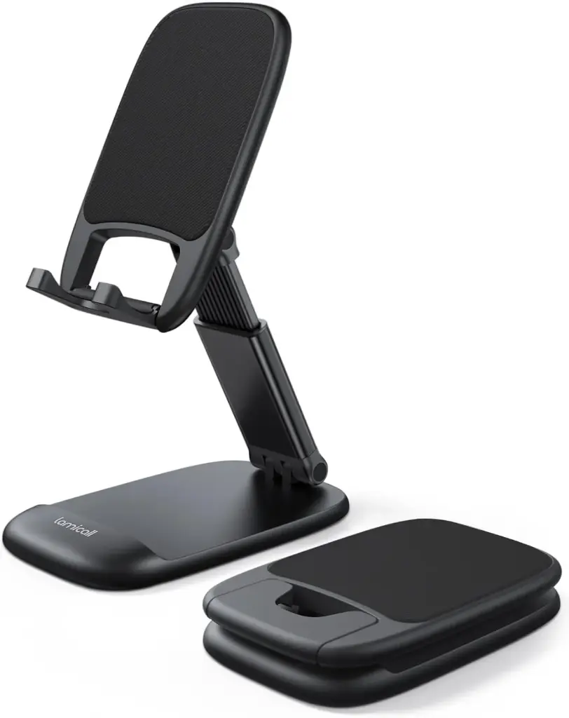 Lamicall Foldable Phone Stand for Desk - Height Adjustable Cell Phone Holder Portable Cellphone Cradle Desktop Dock Compatible with iPhone 16 15 14 13 Pro Max Mini, 12 11 XR X 8 Plus SE, Smartphone