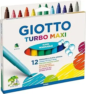 GIOTTO Turbo Maxi Super Washable Felt Tip Fibre Pens, Large Tip Nib 5mm, 12 Assorted Colours, Ideal for Children, Parties and Schools 