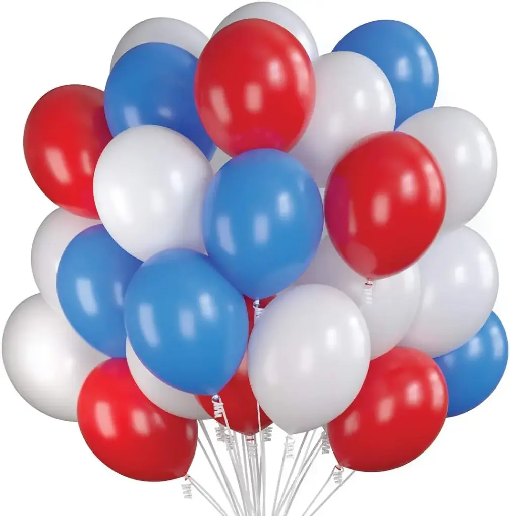 Prextex 75 Party Balloons 12 Inch USA Blue, Red and White Balloons with Ribbon for Red Blue White USA Color Theme Party Decoration, Boy Baby Shower, Birthday Parties Supplies, Helium Quality 