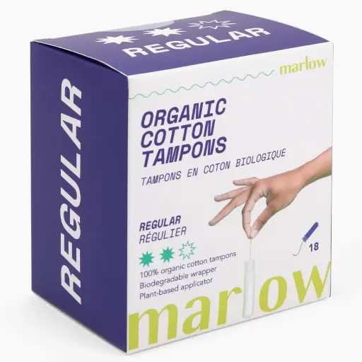 [OSKU-0321] Award Winning 100% Organic Cotton Easy Glide Tampons with Compact Plant Based Applicator | Biodegradable Wrapping | 18 Count, Fragrance Free, Chlorine Free, Toxin Free | Regular Tampon | by Marlow 