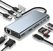 [COSKU-00387] USB C HUB, Docking Station, 11-in-1 USB C Adapter with 4K-HDMI, VGA, USB 3.0 port, Type C PD, RJ45 Ethernet, SD/TF Card Reader, 3.5mm AUX, Compatible with MacBook Pro/Air, More Type C Devices