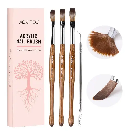 Aokitec 3PCS Acrylic Nail Brush Set - Size 8/12/14 Nail Brushes for Acrylic Application, Wooden Handle Acrylic Brushes for Nails Professional Nail Extension & 3D Nail Carving Salon Home DIY Gift Set