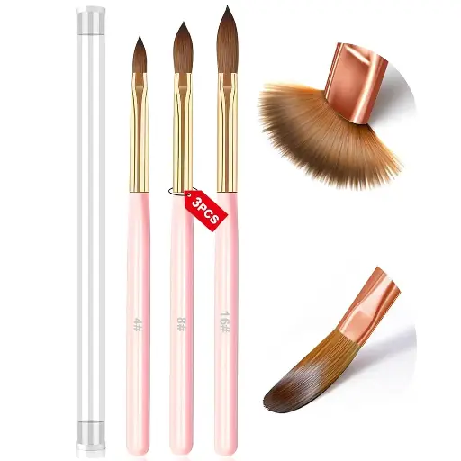 3PCS Acrylic Nail Brush Set,Size 4/8/16 Professional Nail Brushes for Acrylic Application, Acrylic Powder Brushes for Nail Art Extension and 3D Nail Carving,3A+ Nylon Nail Brushes for DIY Home