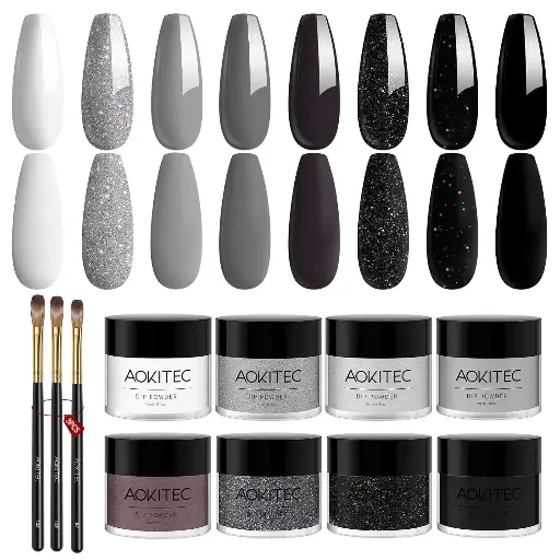 Aokitec 3pcs Acrylic Nail Brush Set With 8 Colors Dip Powder Nail Set,Nail Art Salon Home DIY Ideal Gifts for Women