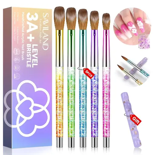 Saviland 5PCS Acrylic Nail Brushes - Size 8/10/12/16/18 Nail Brushes for Acrylic Application, Sparkling Rainbow Acrylic Powder Brush with Nail Brush Holder for Acrylic Nails Extension 3D Carving