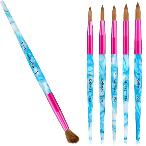 5 Pieces Kolinsky Acrylic Nail Brush Kolinsky Hair Bristles Crimped Shaped Handle Acrylic Brush Nail Brushes for Acrylic Application Nail Art Manicure Tool Size 6, 8, 10, 12, 14 (Pink, Blue and White)