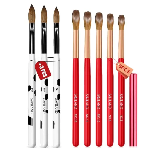 8PCS Saviland Kolinsky Acrylic Nail Brush Set Kit- Size 4/6/8/10/12/16 Acrylic Nail Brushes for Acrylic Application, Professional Acrylic Powder Brush for Acrylic Nails Extension & Carving