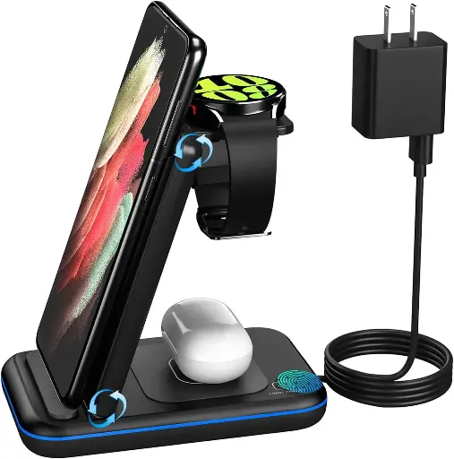 Wireless Charger for Samsung/Android, HOLYJOY Foldable 3 in 1 Fast Charging Station/Stand/Multi Charger for Samsung S25 Ultra/S24/Note 20, Travel Pad for Galaxy Watch 7/6/5/4/Active 2, For Buds(Black)
