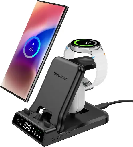 25W USB C Fast Charging Station for Samsung, SwanScout 701S, Foldable 3 in 1 Charging Dock Stand for Galaxy S25/S24/Z Flip 6/Fold 6/A54/A35/USB C Buds, Charger for Samsung Galaxy Watch Ultra/7/6/5/4