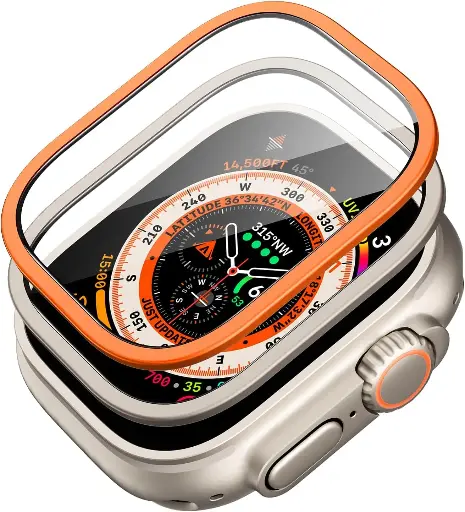 ESR 2 Pack Armorite Screen Protector for Apple Watch Ultra 2/1 (2024/2023/2022, 49 mm), Military Grade Protection, Tempered Glass Film with Aluminum Alloy Frame, Keep Original, Titanium & Orange