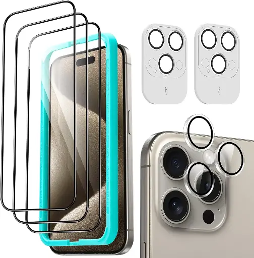 ESR 3+2 Pack for iPhone 15 Pro Max Screen Protector, 3 Black Edge Tempered-Glass Film and 2 Set Camera Lens Protector, 2.5D Curved Edges, Full-Coverage Military-Grade Protection, Scratch Resistant