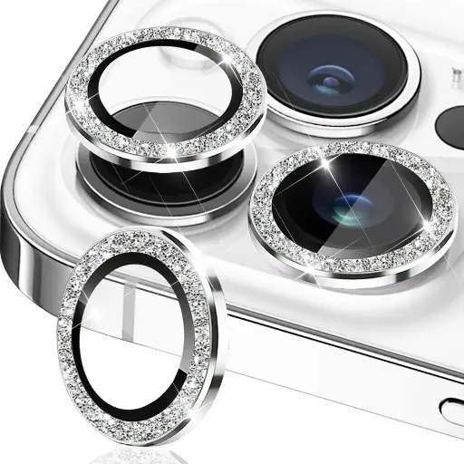Camera Lens Protector for iPhone 15 Pro Max/iPhone 15 Pro, Tempered Glass Camera Lens Protector Aluminum Alloy Lens Ring Camera Cover Fit for iPhone 15 Pro/Pro Max (Glitter Silver)