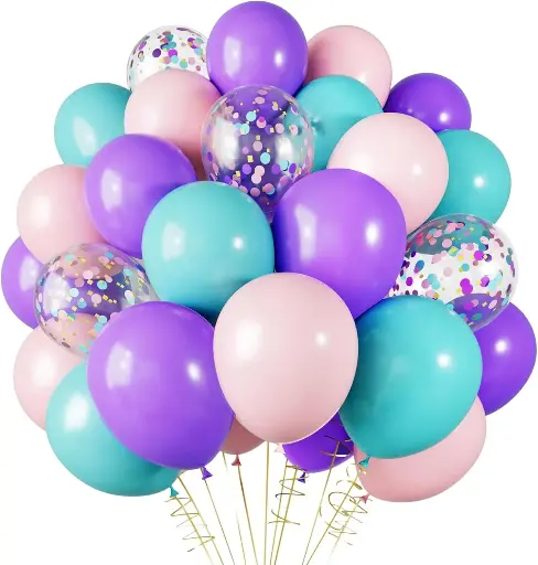 [SCSKU-0941] RUBFAC 60pcs Mermaid Balloons with Latex Confetti Balloons, Light Pink Purple Blue Balloons and Ribbons for Birthday Party Decorations Mermaid Party 
